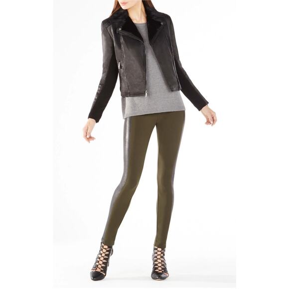 BCBGMaxAzria Charlie Black Zip Front Leather Faux Fur Moto Jacket size Med NWT - Picture 1 of 11